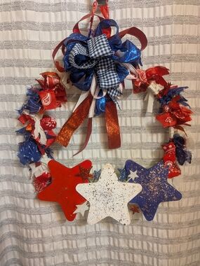 Patriotic Red White and Blue Star Holiday Wreath - Rustic Americana